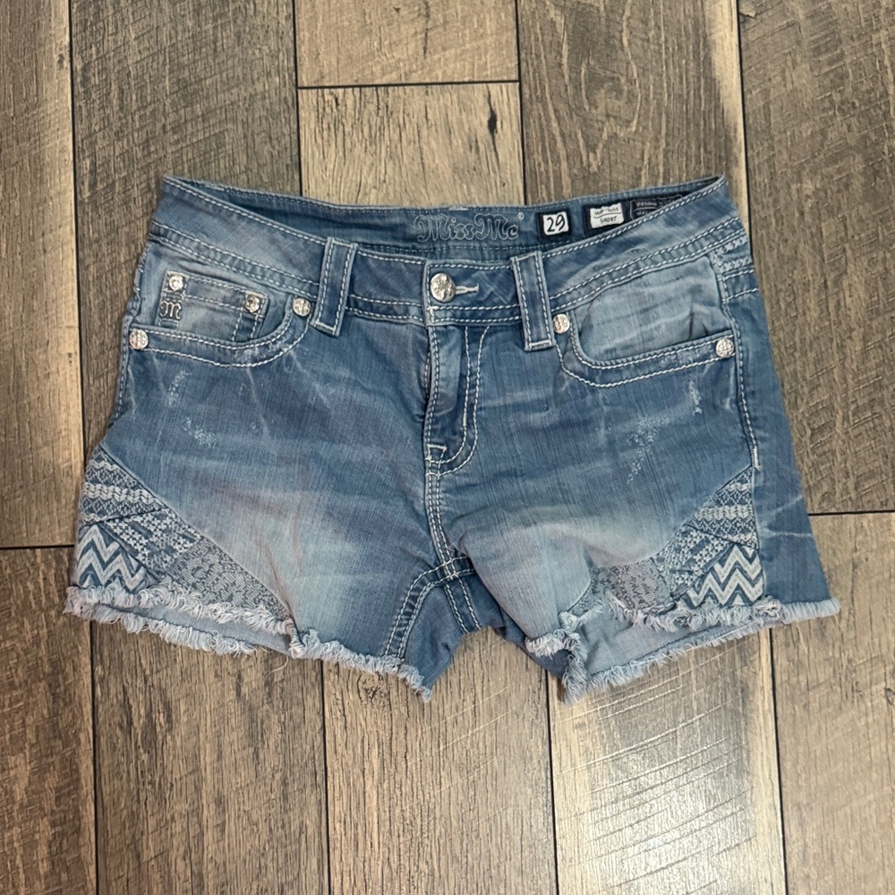 Miss Me Distressed Blue Jean Shorts with Lace Accents